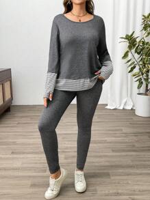 EMERY ROSE Plus Size Stripe Stitching Round Neck Long Sleeve Top & Pants 2pcs Set, Minimalist - Multicolor - View 3