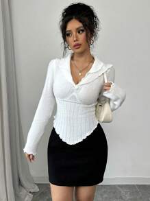 SHEIN Unity New Style Frill Trim Cute Casual Slim Fit Women Long Sleeve Sweater Knit Pullover Fall Winter Sweater - White - View 4
