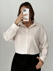 SHEIN Unity Plus Size Solid Color Button Front Long Sleeve Casual Shirt, Everyday Wear - Apricot - View 3