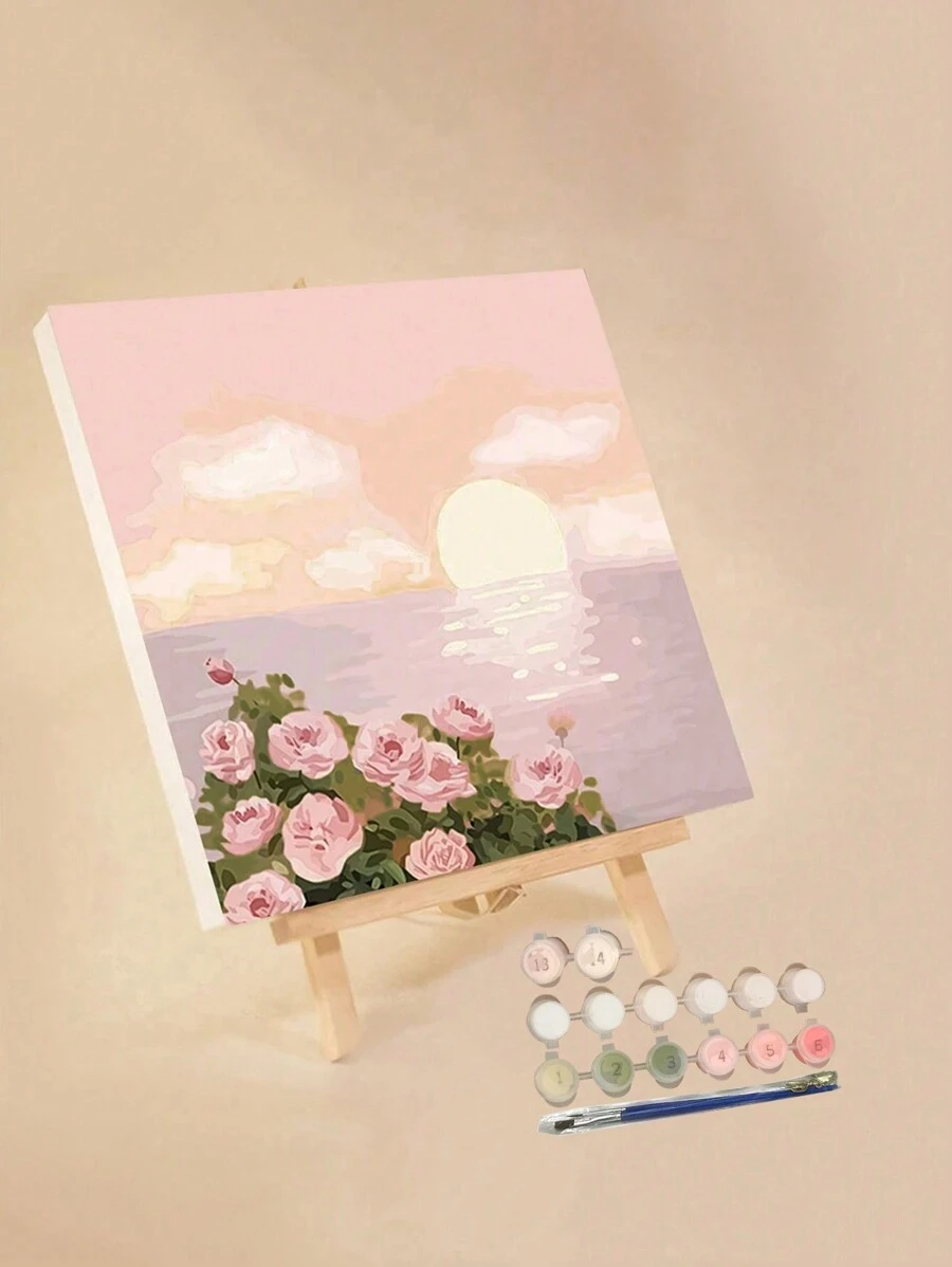 1pc Paint By Numbers Kit For Adults Beginners,Romatic Rose By Sea ,Fresh Style,20 Wx20 L Or 30 Wx30 L Canvas Pictures ,Drawing Paintwork With 2 Pcs Paintbrushes,Acrylic Pigment Flowers And Landscapes,DIY Painting,Home Wall Decor Christmas For Holiday Gift Giving - Multicolor - View 1