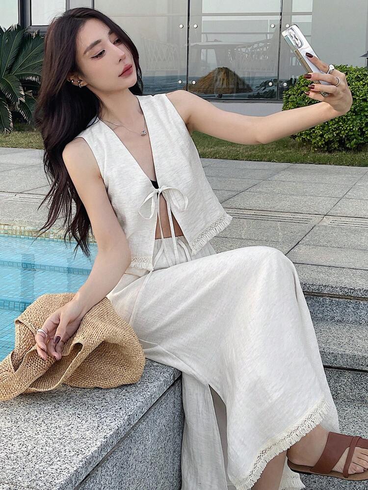 2pcs/Set Women's Casual Front-Tie Sleeveless Top And Skirt Set Linen