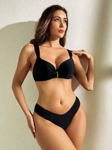 Summer 2pcs/Set Women Solid Color Sexy Vacation Push-Up Adjustable Strap Metal Decor Bikini Set