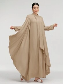 Graceveil Women Elegant Solid Color 2 In 1 Modest Long Sleeve Long Arabian Dress, Autumn - Apricot - View 4