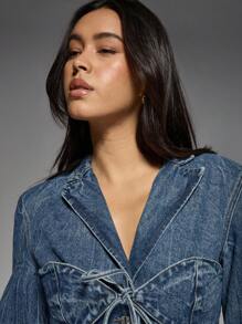 MISSGUIDED Designer Power Shoulder Blazer Style Denim Jacket With Cinched Waist Tie Front Detail Vintage Inspired Fashion Statement Piece Casual Chic Outerwear - Light Wash - View 4