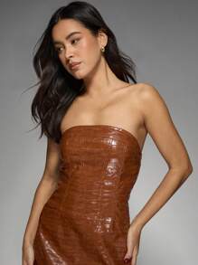 MISSGUIDED Đầm ngắn cao cấp làm từ da giả, kiểu dáng quây ngực, xếp ly ôm sát cơ thể, thích hợp cho các buổi tiệc mùa đông, câu lạc bộ và các sự kiện đêm. - màu nâu - Xem 5