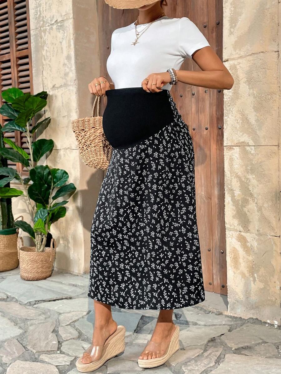 SHEIN 孕妇花卉可调节腰部支撑腹带裙 - 黑色 - 查看 1