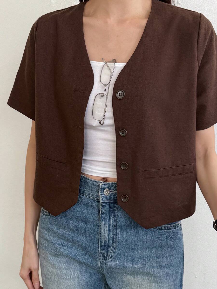 DAZY Spring Style Women's Weekend Casual Cropped Blazer Jacket Business Attire - Brown - View 1