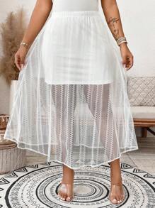 SHEIN LUNE Jupe évasée élégante en couleur unie avec volants en dentelle pour femmes grandes tailles, idéale pour les fêtes, le cocktail, la Saint-Valentin et le quotidien, printemps/été - Blanc - Voir 3