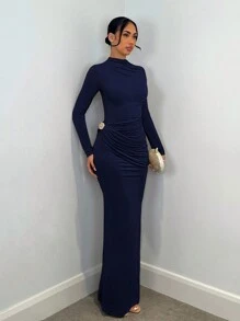 SHEIN BAE Vestido elegante de manga larga para mujer con decoración metálica, adecuado para citas casuales, salidas, discotecas, fiestas, festivales, Navidad y Nochevieja - Azul Marino - Ver 5
