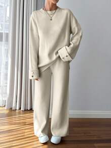 EURMUSE Women Button Detailed Sweater And Pant Set - Beige - View 6