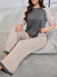 Color Block Raglan Sleeve Top & Pants Loose Casual Women Pajama Set Outfit - Apricot - View 3