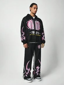 Street Life 男士宽松字母印花拉链连帽衫 + 喇叭形运动裤运动服套装，街头风格 - 黑色 - 查看 5