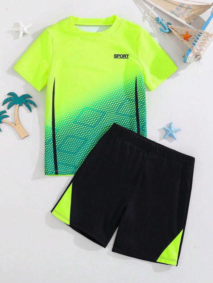 SHEIN Bộ đồ bơi họa tiết ombre cho bé trai tuổi mới lớn - màu xanh lá - Xem 1