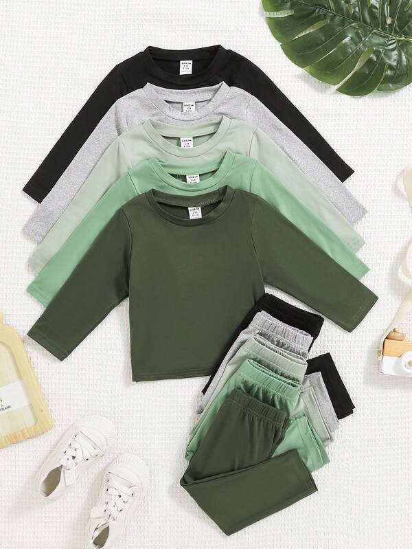 SHEIN Vintaside Kids 2pcs/Set Baby Boy Casual Solid Color Crew Neck Long Sleeve T-Shirt And Pants Set, 5 Sets Combo Pack, Suitable For Spring, Autumn & Winter