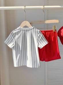 SHEIN 2pcs/Set Young Boys Casual Fashion Street Loose Letter Print Striped Round Neck Short Sleeve T-Shirt And Solid Color Shorts Knit Sports Suit, Suitable For Spring/Summer, Daily, Sports, Outing, School, Party, Festival, Photo Shooting - Red - View 2