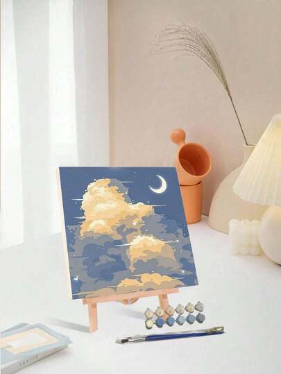 1pc Paint By Numbers Kit For Adults Beginners,Soft Clouds And Crescent Moon,20 Wx20 L Or 30 Wx30 L Canvas Pictures ,Drawing Paintwork With 2 Pcs Paintbrushes,Acrylic Pigment Flowers And Landscapes,DIY Painting,Home Wall Decor Christmas For Holiday Gift Giving