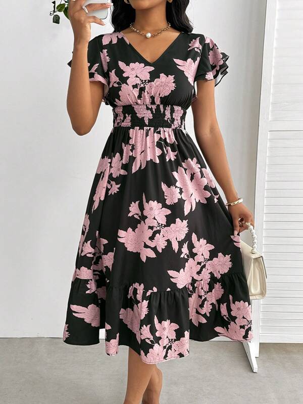 SHEIN Lady Damen Hochzeitsgast Kleid mit Blumen-Muster und Lotus-Blatt-Ärmeln, geeignet für den täglichen Arbeitsweg, Arbeitspartys und Urlaub. Elegantes Kleid