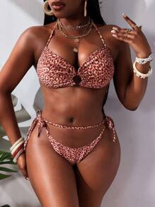 Slaydiva Women's Halter Neck Tied Back Leopard Print Bikini Top & Bottom Casual Swimwear Set For Summer Beach Vacation - Multicolor - View 7