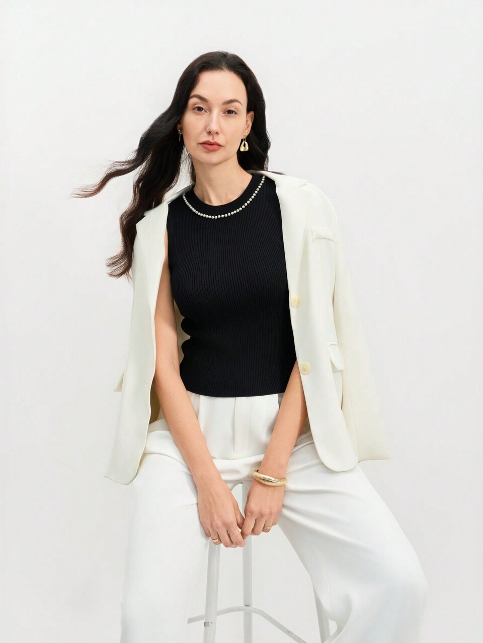Summer Tops Women Pearl Neck Sleeveless Sweater Knit Black Top