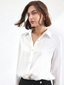 BizChic Women's Satin Long Sleeve Blouse, White, Suitable For Youth, Spring/Summer , Christmas, New Year, Holiday, Thanksgiving - White - View 6