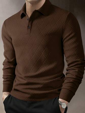 Manfinity Mode Men's Solid Color Front Button Long Sleeve Casual POLO Shirt, For Fall