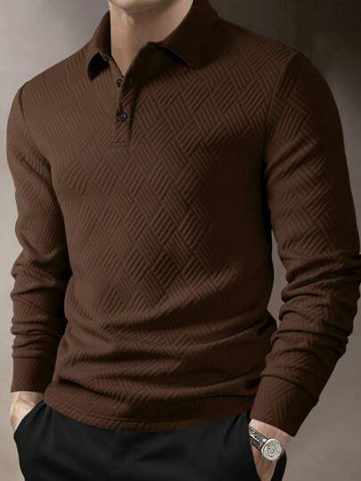 Manfinity Mode Men's Solid Color Front Button Long Sleeve Casual POLO Shirt, For Fall