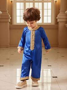 SHEIN Macacão de Manga Longa para Bebês Meninos com Design Exclusivo de Babados, Azul Marinho, Adequado para Uso Diário, Casa, Férias, Passeios, Reuniões Diárias, Primavera/Verão - Azul Royal - Visão 3