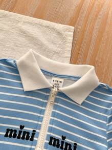 SHEIN LMoss Kids 女宝宝夏季可爱针织条纹高领短袖连衣裙 - 藍色 - 查看 3