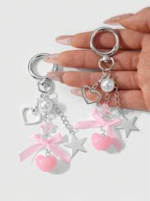 ROMWE Kawaii 2 件优雅迷人的星形、蝴蝶结、珍珠装饰银链吊坠组合，多功能 DIY 鞋子/服装装饰，适合女孩/女士、日常穿着或节日礼物 - 粉色 - 查看 2