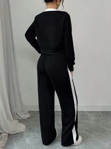 Set de 2 piezas de top y pantalones casuales de unicolor con mangas largas para mujeres - Blanco y Negro - Ver 2