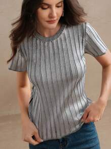 Anewsta 女士罗纹圆领金属涂层修身 T 恤上衣，节日外出，春夏 - 銀色 - 查看 4