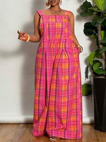 Slaydiva Plus Size Women's Summer Casual & Cute Wide Leg Jumpsuit, Suitable For Outing, Daily Wear & Romantic Occasions - Hot Pink - View 5