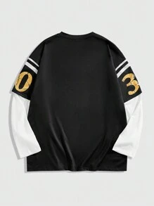 ROMWE MEN Prep Men's Jersey Letter Print Round Neck Long Sleeve Casual T-Shirt With 2 In 1 Design, Autumn - Multicolor - View 2