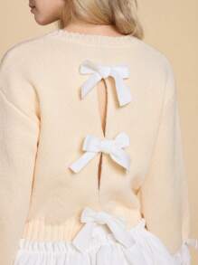 ROMWE Kawaii Suéter de mujer acogedor y lindo con lazo de mariposa y detalles de encaje en contraste