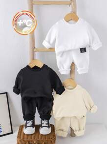 SHEIN 6pcs Newborn Baby Boy Girl All-Match Solid Color Round Neck Sweatshirt, Patch Embellished Long Pants, Casual, Suitable For Everyday Wear & Outings, Autumn/Winter - Black and White - View 7