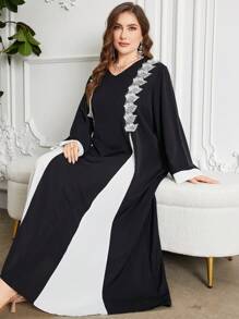 Al Najma Vestido de manga larga con cuello en V para mujer de talla grande, con dobladillo desgarrado y contraste de color