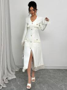 SHEIN Unity 女士纯色 V 领长袖单排扣优雅流苏宫廷长款开衫 - 米色 - 查看 5