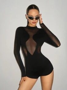 SHEIN ICON 长袖立领网眼拼布连体衣