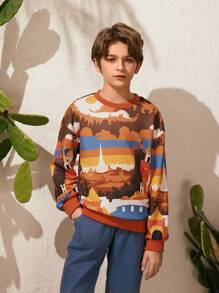 SHEIN 1-Piece Boys' Hoodie In Urban Casual Style With Round Neck And Long Sleeves, Featuring Architectural Pattern Design. This Boys' Sweatshirt Is Suitable For Various Occasions Such As Spring And Autumn Outings, Gatherings, And School Activities In The City. - Multicolor - View 7