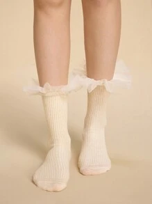 ROMWE Kawaii 1 par de calcetines de media caña tejidos con amplias franjas de encaje y malla, en color vainilla y albaricoque, para uso en todas las estaciones, para mujeres