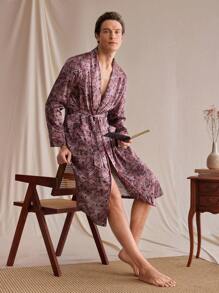 Manfinity Men's Allover Print Long Sleeve Casual Tied Front Robe - Multicolor - View 1