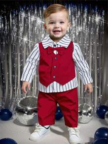 SHEIN 2pcs Set Baby Boys Casual 2 In 1 Vest Shirt, Striped Shirt Top And Straight Pants With Bow Tie , Suitable For Spring/Autumn, Suitable For Christmas, Birthday, Christening, 1st Birthday Party, Evening Party, Performance, Wedding