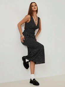 Breezaya Polka Dot Print Split Thigh Bodycon Dress Maxi Women Outfit