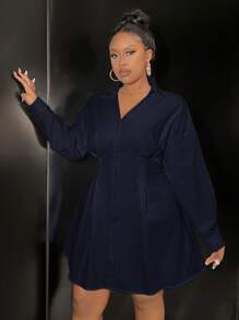 Slaydiva 女式优雅休闲办公室收腰长袖白衬衫连衣裙，秋季 - 藏蓝色 - 查看 4