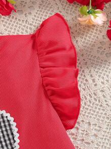 Tween Girl Fashionable Ruffle Sleeve Top And Plaid Skirt 2pcs Set Summer Holiday - Burgundy - View 4