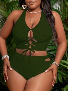 SHEIN Slayr CURVE Summer Plus Size Solid Color Front Tie Bikini Top And Bottom Swimwear Set - Army Green - View 1