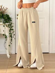 Comfortcana Women's Solid Color Elastic Waist Pocket Casual Sweatpants, Daily Wear - Khaki - View 1