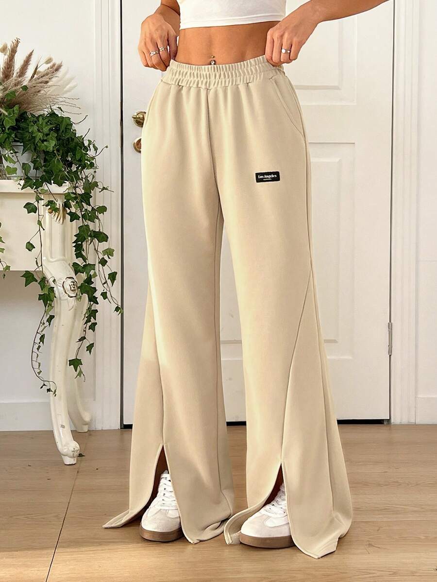 Comfortcana Women's Solid Color Elastic Waist Pocket Casual Sweatpants, Daily Wear - Khaki - View 1