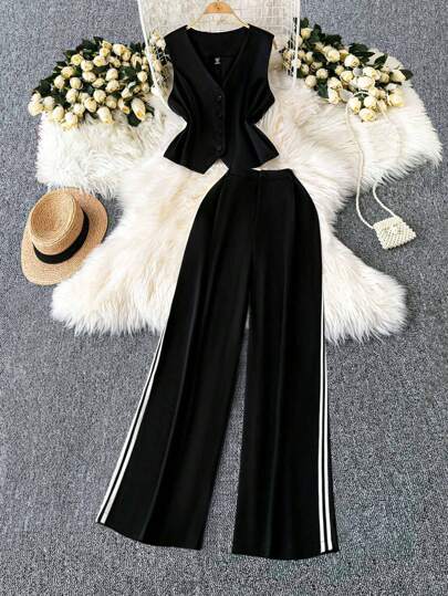 SHEIN LUNE Traje de dos piezas de talla grande para mujer con chaleco de punto en negro con parches y pantalones rectos, conjunto informal