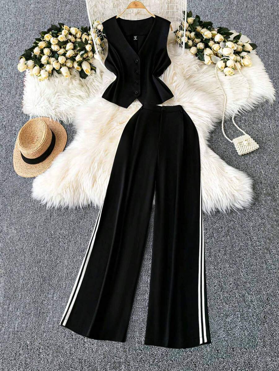 SHEIN LUNE Plus Size Women Black Patchwork Knit Vest And Straight Leg Pants Two Pieces Suit, Casual Outfit - Black - View 1